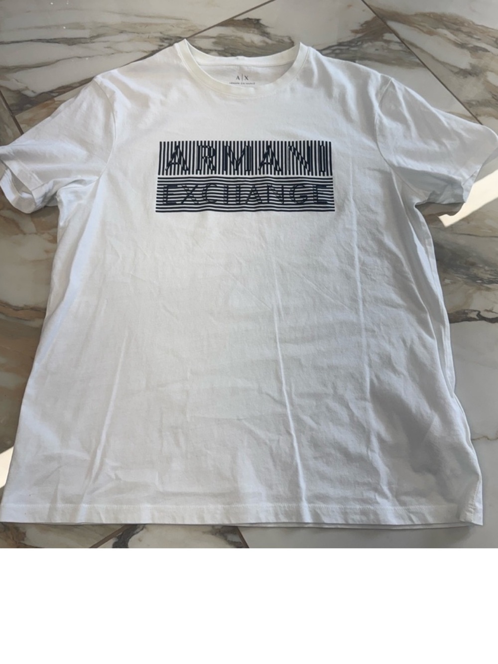 Armani Exchange White Tee with Navy Striped Logo